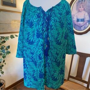 Catherine’s • Blue & Green Lightweight Leaf Print Tropical Rhinestone Tunic 1XP